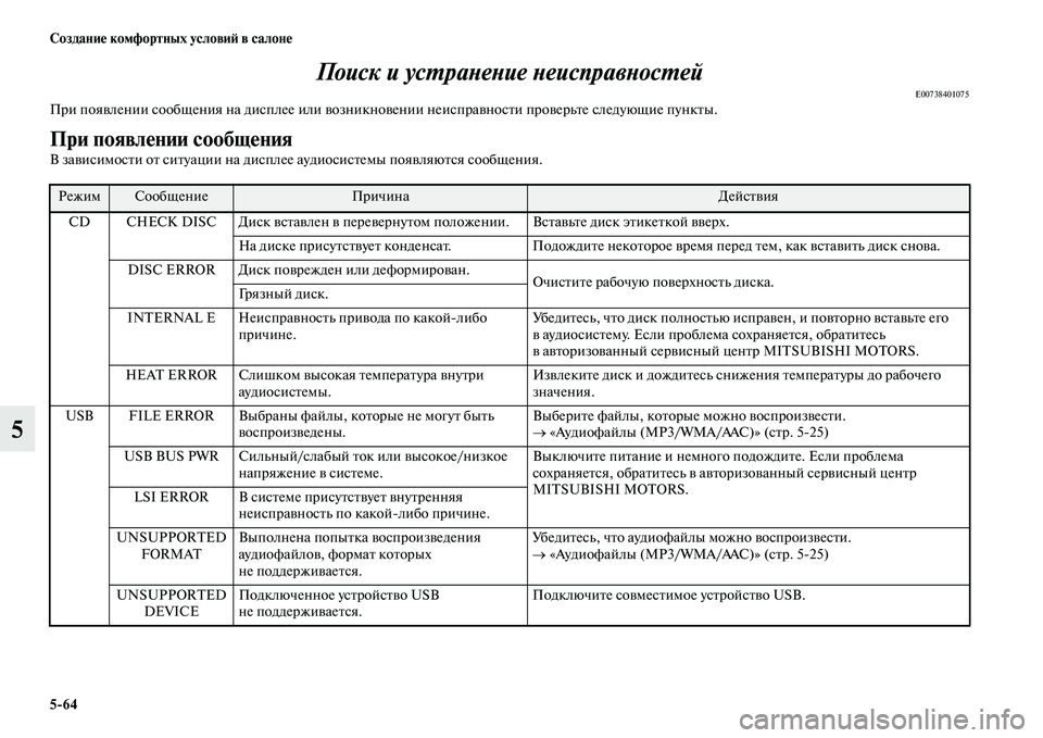 MITSUBISHI PAJERO 2018  Руководство по эксплуатации и техобслуживанию (in Russian) 5:64 Создание комфортных условий в салоне
5Поиск и устранение неисправностей
E00738401075При появлении сообщения на