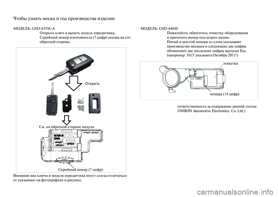 MITSUBISHI PAJERO 2018  Руководство по эксплуатации и техобслуживанию (in Russian) Чтобы узнать месяц и год производства изделия:
МОДЕЛЬ: G8D635MA
Открыть ключ и вынуть модуль передатчика. 
Серий�