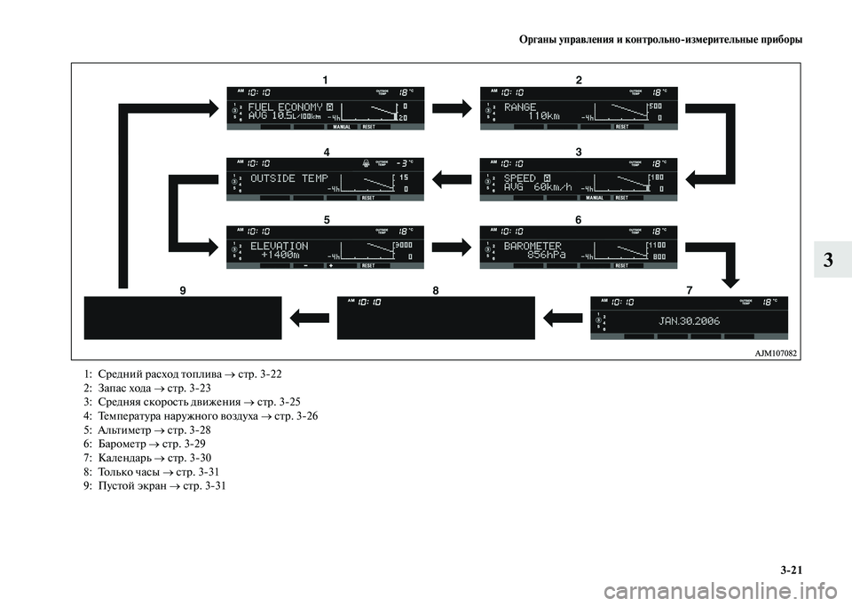 MITSUBISHI PAJERO 2020 Руководство по эксплуатации и техобслуживанию (in Russian) Органы управления и контрольно-измерительные приборы
3-21
3
1: Средний расход топлива → стр. 3-22
2: Запас хода → MITSUBISHI PAJERO 2020 Руководство по эксплуатации и техобслуживанию (in Russian) Органы управления и контрольно-измерительные приборы
3-21
3
1: Средний расход топлива → стр. 3-22
2: Запас хода →