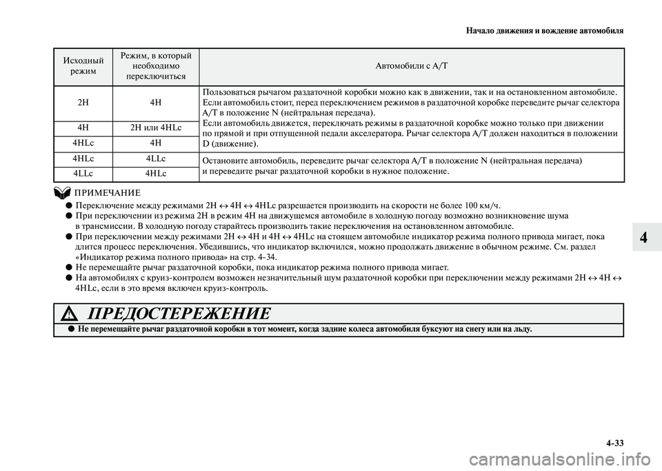MITSUBISHI PAJERO 2020 Руководство по эксплуатации и техобслуживанию (in Russian) Начало движения и вождение автомобиля
4-33
4
ПРИМЕЧАНИЕ
●Переключение между режимами 2H ↔ 4H ↔ 4HLc разреша MITSUBISHI PAJERO 2020 Руководство по эксплуатации и техобслуживанию (in Russian) Начало движения и вождение автомобиля
4-33
4
ПРИМЕЧАНИЕ
●Переключение между режимами 2H ↔ 4H ↔ 4HLc разреша