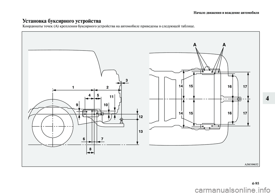 MITSUBISHI PAJERO 2020 Руководство по эксплуатации и техобслуживанию (in Russian) Начало движения и вождение автомобиля
4-95
4
Установка буксирного устройства
Координаты точек (А) крепления бу MITSUBISHI PAJERO 2020 Руководство по эксплуатации и техобслуживанию (in Russian) Начало движения и вождение автомобиля
4-95
4
Установка буксирного устройства
Координаты точек (А) крепления бу