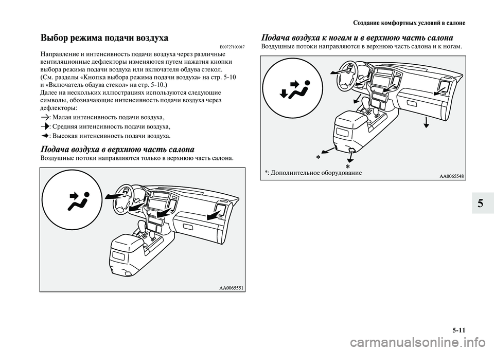 MITSUBISHI PAJERO 2020 Руководство по эксплуатации и техобслуживанию (in Russian) Создание комфортных условий в салоне
5-11
5
Выбор режима подачи воздухаE00727100017Направление и интенсивность пода MITSUBISHI PAJERO 2020 Руководство по эксплуатации и техобслуживанию (in Russian) Создание комфортных условий в салоне
5-11
5
Выбор режима подачи воздухаE00727100017Направление и интенсивность пода