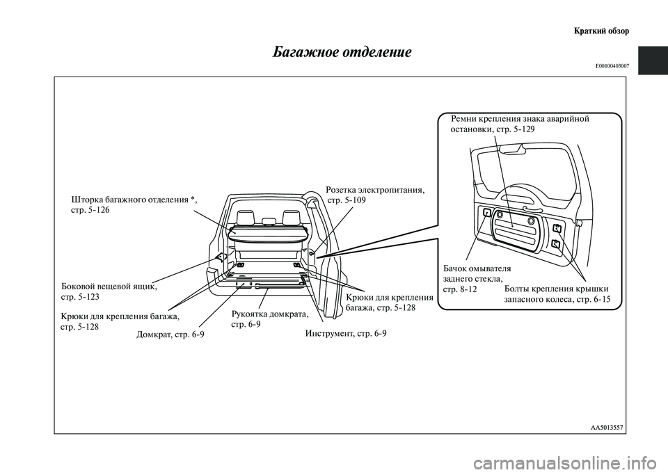 MITSUBISHI PAJERO 2020  Руководство по эксплуатации и техобслуживанию (in Russian) Краткий обзор
Багажное отделениеE00100403007 
Боковой вещевой ящик, 
стр. 5-123
Домкрат, стр. 6-9Рукоятка домкрата, 
стр.