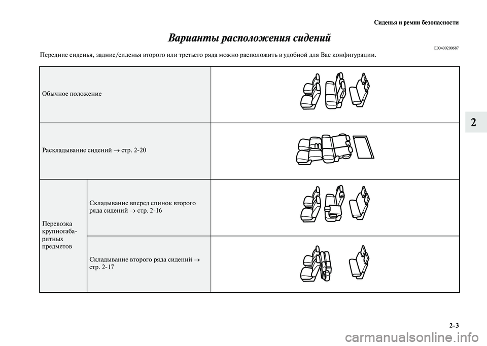 MITSUBISHI PAJERO 2020 Руководство по эксплуатации и техобслуживанию (in Russian) Сиденья и ремни безопасности
2-3
2 Варианты расположения сидений
E00400200687Передние сиденья, задние/сиденья второ MITSUBISHI PAJERO 2020 Руководство по эксплуатации и техобслуживанию (in Russian) Сиденья и ремни безопасности
2-3
2 Варианты расположения сидений
E00400200687Передние сиденья, задние/сиденья второ