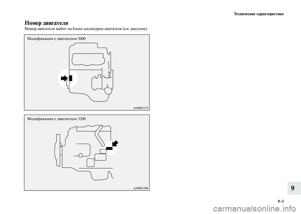 MITSUBISHI PAJERO 2020  Руководство по эксплуатации и техобслуживанию (in Russian) Технические характеристики
9-3
9
Номер двигателя
Номер двигателя выбит на блоке цилиндров двигателя (см. рисун