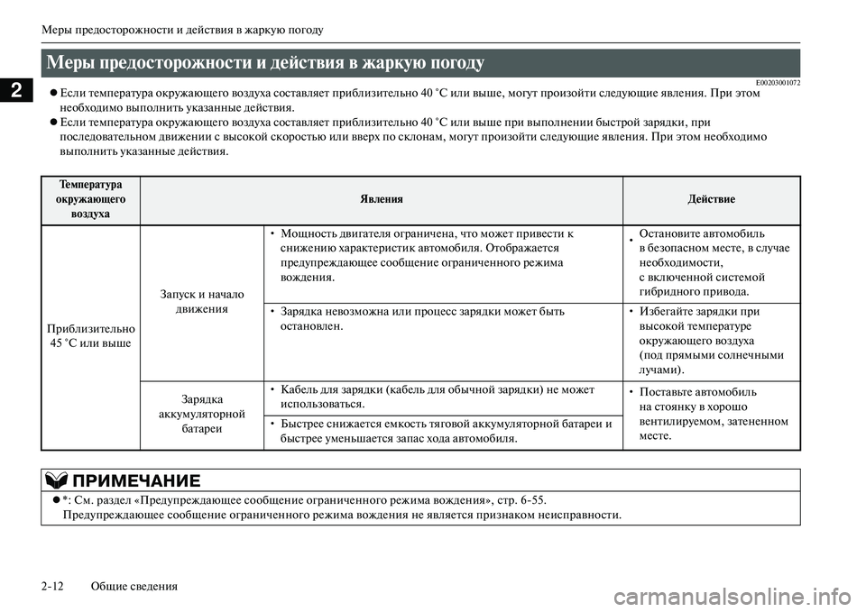 MITSUBISHI OUTLANDER PHEV 2014  Руководство по эксплуатации и техобслуживанию (in Russian) МЧNры прЧNдосторожности и дЧNйствия в жаркЧbю погодЧb
212 ОбщиЧN свЧNдЧNния
2E00203001072Если тЧNмпЧNратЧbра окрЧbжающ
