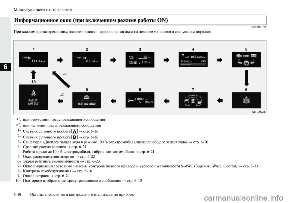 MITSUBISHI OUTLANDER PHEV 2014  Руководство по эксплуатации и техобслуживанию (in Russian) МногофЧbнкциональный дисплЧNй
610 Органы ЧbправлЧNния и контрольноизмЧNритЧNльныЧN приборы
6
E00521101788
При каждом