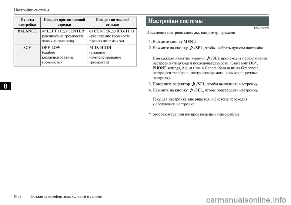 MITSUBISHI OUTLANDER PHEV 2014  Руководство по эксплуатации и техобслуживанию (in Russian) Настройки систЧNмы
858 СозданиЧN комфортных Чbсловий в салонЧN
8
E00738301090
ИзмЧNнЧNниЧN настроЧNк систЧNмы, напримЧN�