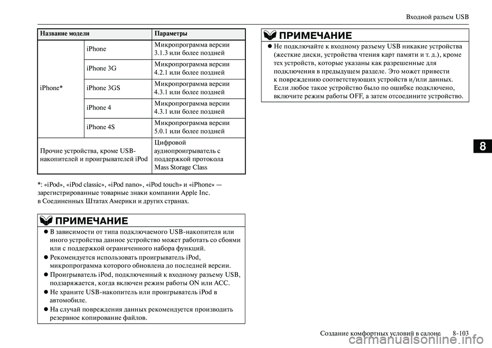 MITSUBISHI OUTLANDER PHEV 2014  Руководство по эксплуатации и техобслуживанию (in Russian) Входной разъЧNм USB
СозданиЧN комфортных Чbсловий в салонЧN 8103
8
* : «iPod», «iPod classic», «iPod na no», «iPod touch» и «iPhone» — 
за