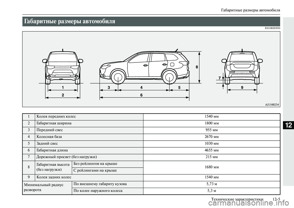 MITSUBISHI OUTLANDER PHEV 2014  Руководство по эксплуатации и техобслуживанию (in Russian) ГабаритныЧN размЧNры автомобиля
ТЧNхничЧNскиЧN характЧNристики 125
12
E01100203930
ГабариNЩNbые размеры авNЩомNкобиля 
1