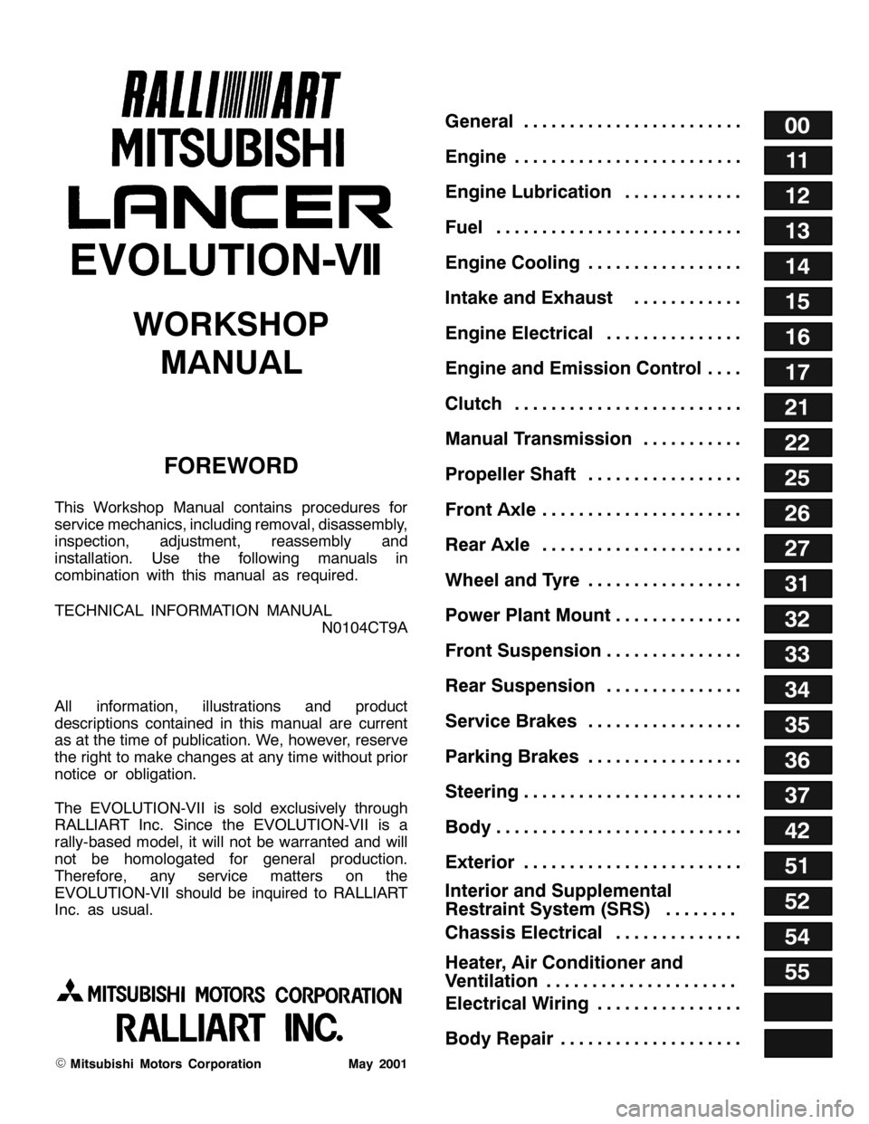 MITSUBISHI LANCER EVOLUTION 2007  Service Repair Manual 00
11
12
13
14
15
16
17
21
22
25
26
27
31
32
33
34
35
36
37
42
51
52
54
55
General........................
Engine .........................
Engine Lubrication .............
Fuel ......................