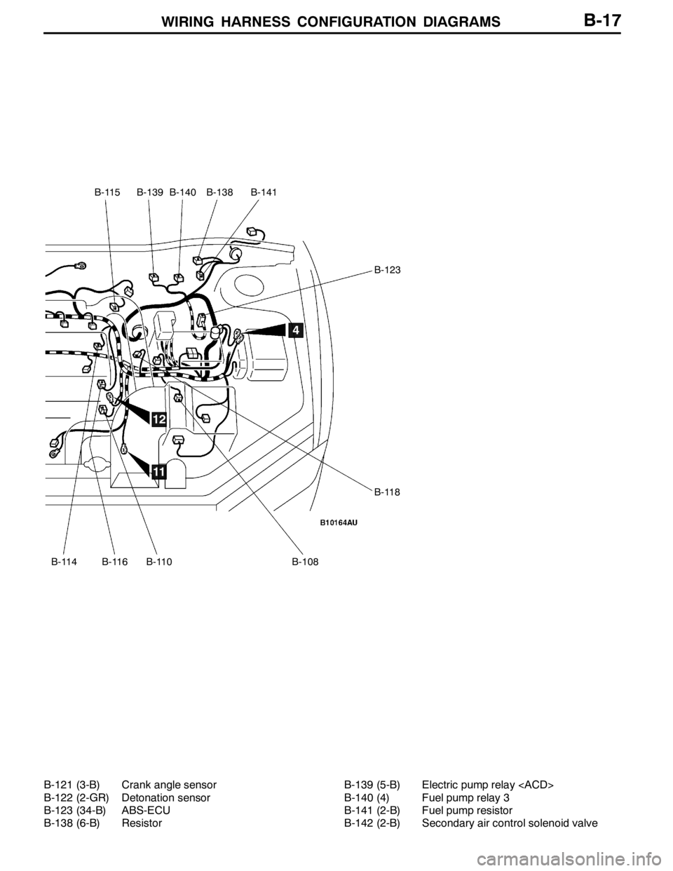 MITSUBISHI LANCER EVOLUTION 2007  Service Repair Manual WIRING HARNESS CONFIGURATION DIAGRAMS
B-115
B-114B-116B-110B-108
B-123
B-118
B-139B-140B-138B-141
4
11
12
B-17
B-121 (3-B) Crank angle sensor
B-122 (2-GR) Detonation sensor
B-123 (34-B) ABS-ECU
B-138 