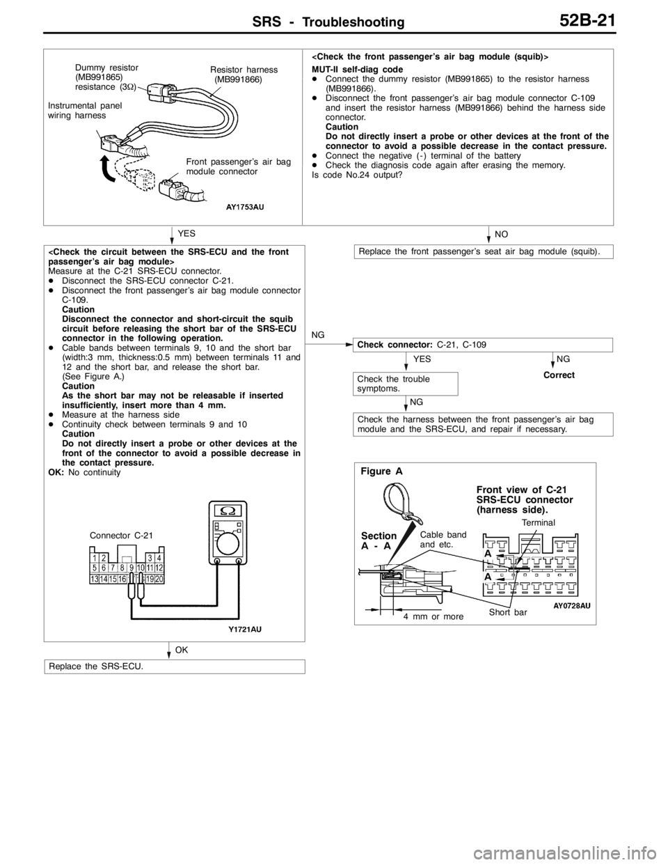 MITSUBISHI LANCER EVOLUTION 2007  Service Repair Manual SRS -Troubleshooting52B-21
OK
<Check the circuit between the SRS-ECU and the front
passenger’s air bag module>
Measure at the C-21 SRS-ECU connector.
DDisconnect the SRS-ECU connector C-21.
DDisconn