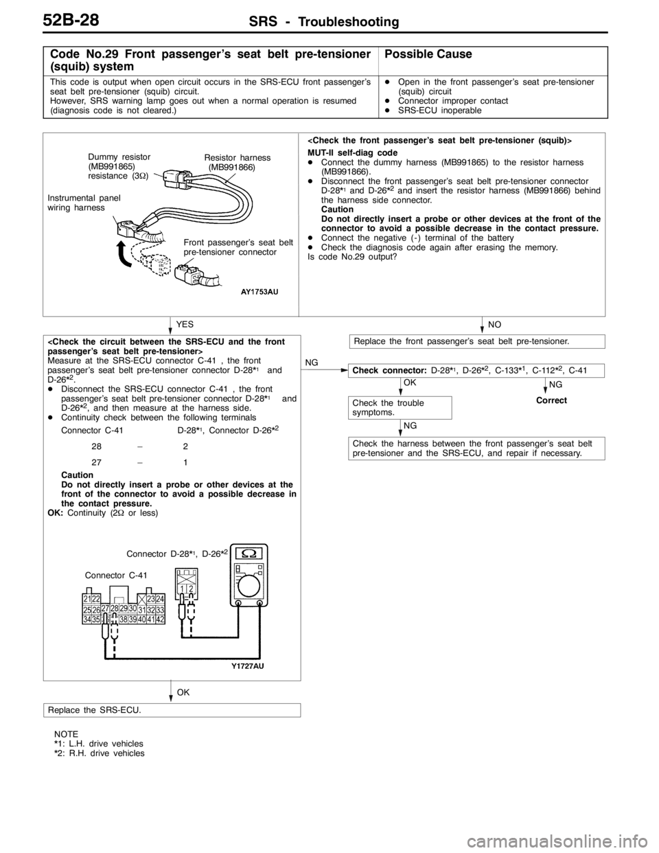 MITSUBISHI LANCER EVOLUTION 2007  Service Repair Manual SRS -Troubleshooting52B-28
Code No.29 Front passenger’s seat belt pre-tensioner
(squib) systemPossible Cause
This code is output when open circuit occurs in the SRS-ECU front passenger’s
seat belt