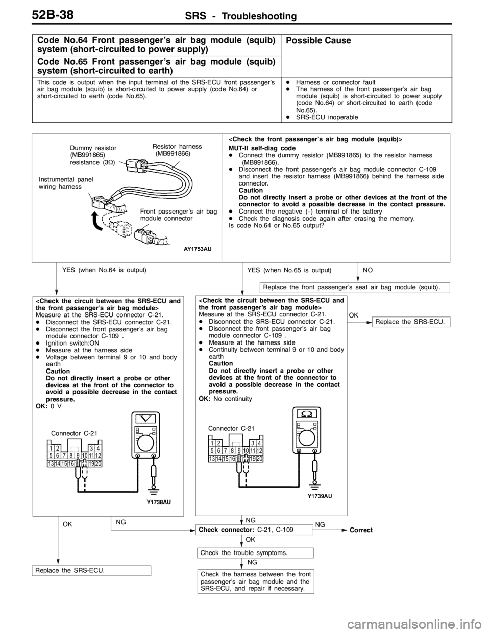 MITSUBISHI LANCER EVOLUTION 2007  Service Repair Manual SRS -Troubleshooting52B-38
Code No.64 Front passenger’s air bag module (squib)
system (short-circuited to power supply)Possible Cause
Code No.65 Front passenger’s air bag module (squib)
system (sh