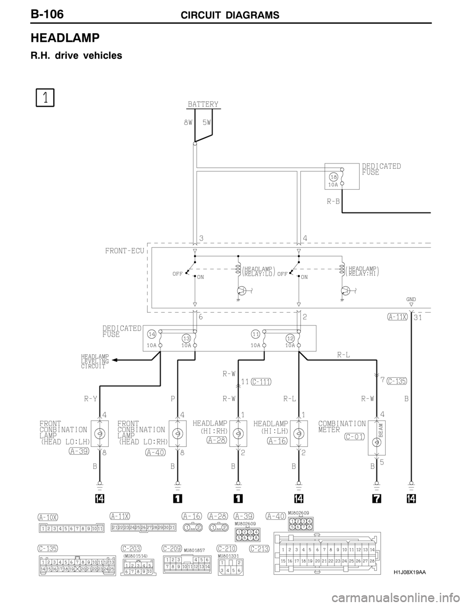 MITSUBISHI LANCER EVOLUTION 2007 Service Owners Manual CIRCUIT DIAGRAMS
H1J08X19AA
B-106
HEADLAMP
R.H. drive vehicles MITSUBISHI LANCER EVOLUTION 2007 Service Owners Manual CIRCUIT DIAGRAMS
H1J08X19AA
B-106
HEADLAMP
R.H. drive vehicles