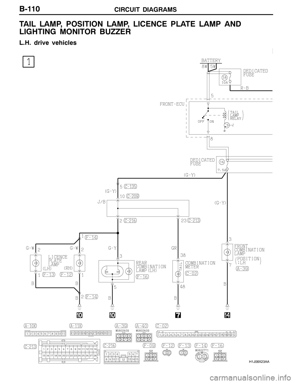 MITSUBISHI LANCER EVOLUTION 2007 Service Repair Manual CIRCUIT DIAGRAMS
H1J08X23AA
B-110
TAIL LAMP, POSITION LAMP, LICENCE PLATE LAMP AND
LIGHTING MONITOR BUZZER
L.H. drive vehicles MITSUBISHI LANCER EVOLUTION 2007 Service Repair Manual CIRCUIT DIAGRAMS
H1J08X23AA
B-110
TAIL LAMP, POSITION LAMP, LICENCE PLATE LAMP AND
LIGHTING MONITOR BUZZER
L.H. drive vehicles