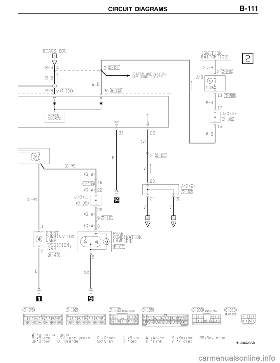 MITSUBISHI LANCER EVOLUTION 2007 Service Repair Manual CIRCUIT DIAGRAMS
H1J08X23AB
B-111 MITSUBISHI LANCER EVOLUTION 2007 Service Repair Manual CIRCUIT DIAGRAMS
H1J08X23AB
B-111