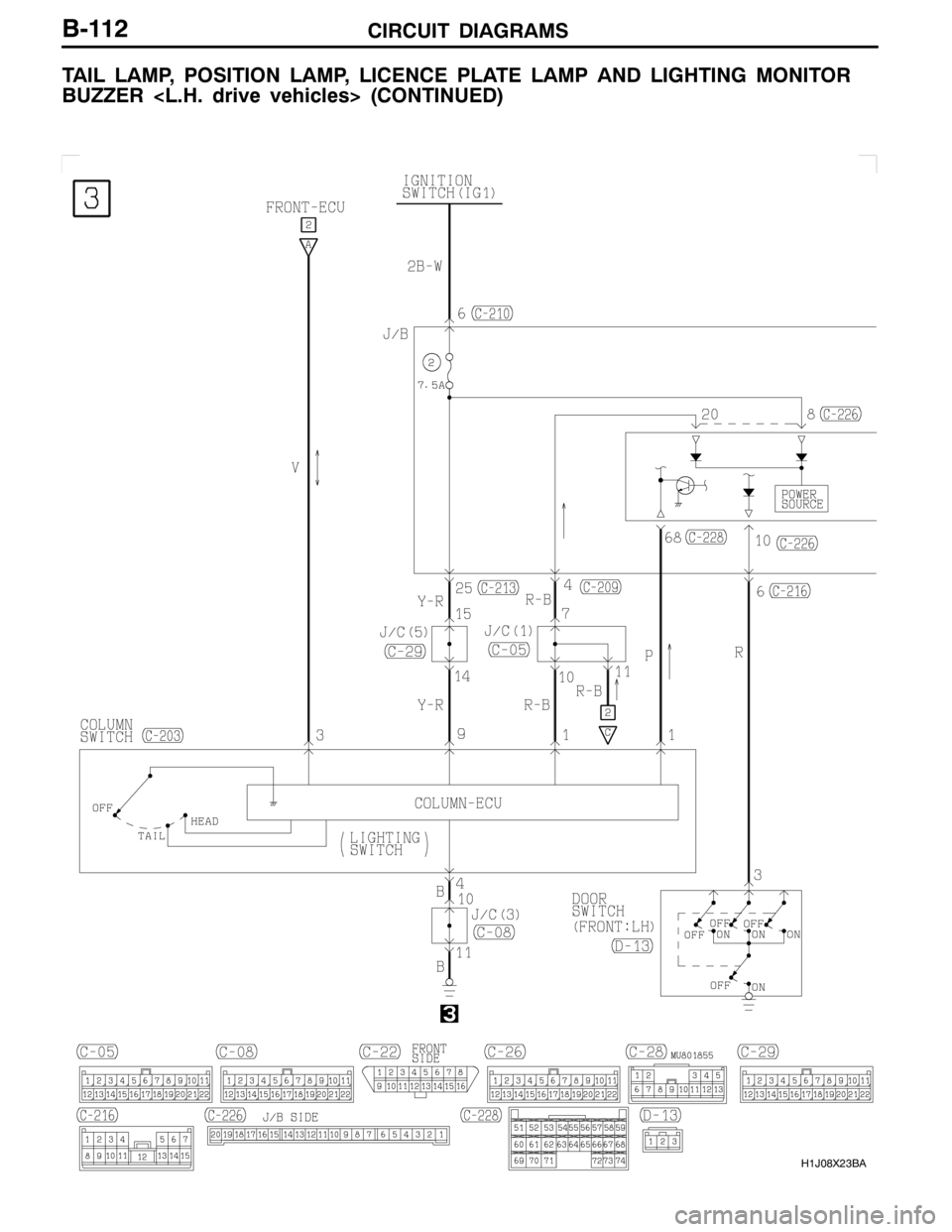MITSUBISHI LANCER EVOLUTION 2007 Service Repair Manual CIRCUIT DIAGRAMS
H1J08X23BA
B-112
TAIL LAMP, POSITION LAMP, LICENCE PLATE LAMP AND LIGHTING MONITOR
BUZZER <L.H. drive vehicles> (CONTINUED) MITSUBISHI LANCER EVOLUTION 2007 Service Repair Manual CIRCUIT DIAGRAMS
H1J08X23BA
B-112
TAIL LAMP, POSITION LAMP, LICENCE PLATE LAMP AND LIGHTING MONITOR
BUZZER <L.H. drive vehicles> (CONTINUED)