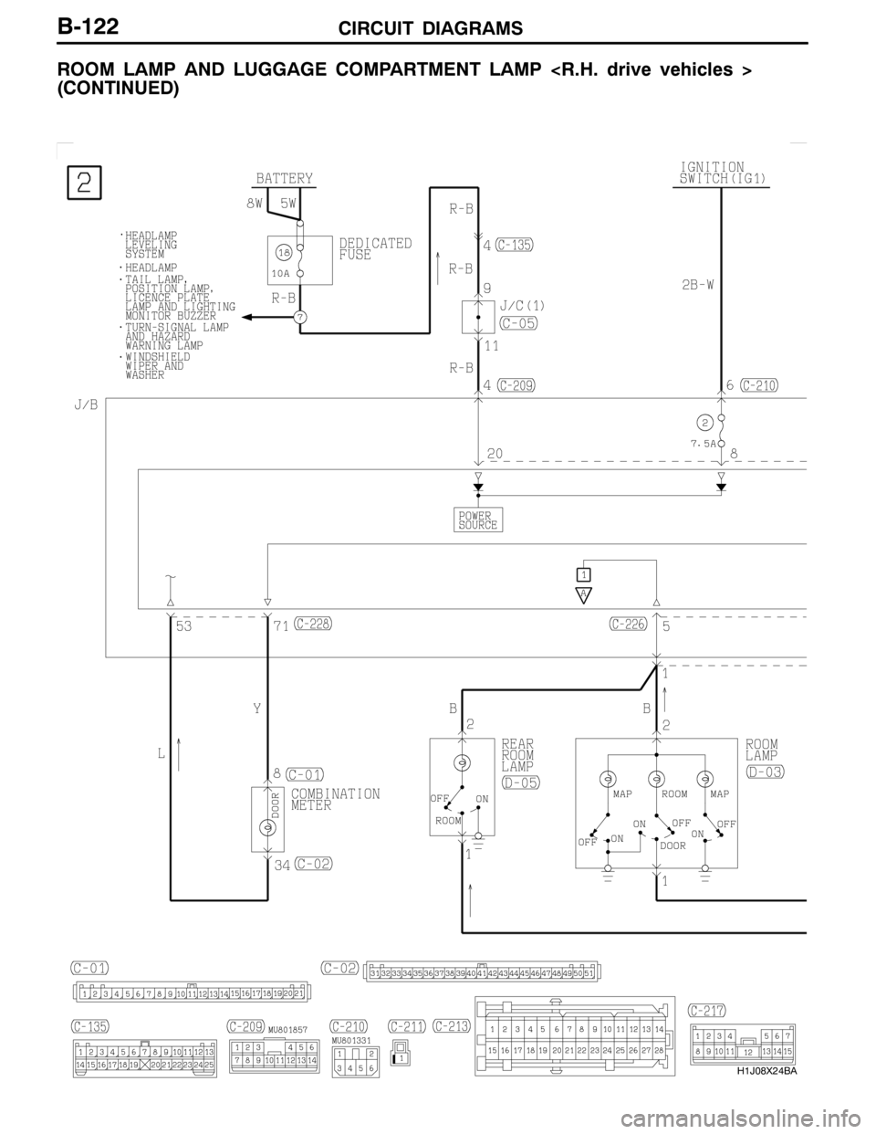 MITSUBISHI LANCER EVOLUTION 2007  Service Repair Manual CIRCUIT DIAGRAMS
H1J08X24BA
B-122
ROOM LAMP AND LUGGAGE COMPARTMENT LAMP <R.H. drive vehicles >
(CONTINUED) 