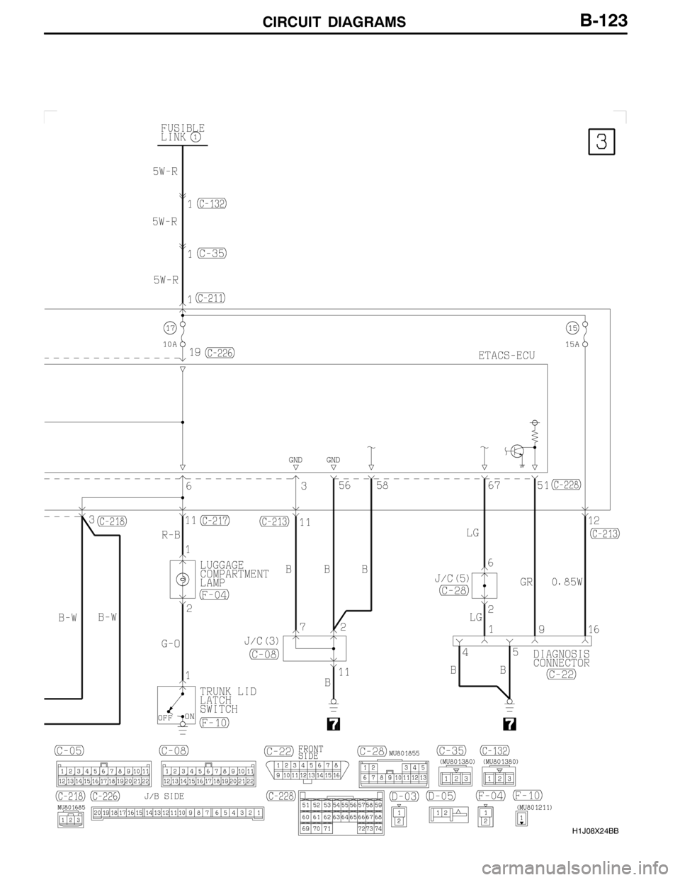 MITSUBISHI LANCER EVOLUTION 2007  Service Repair Manual CIRCUIT DIAGRAMS
H1J08X24BB
B-123 