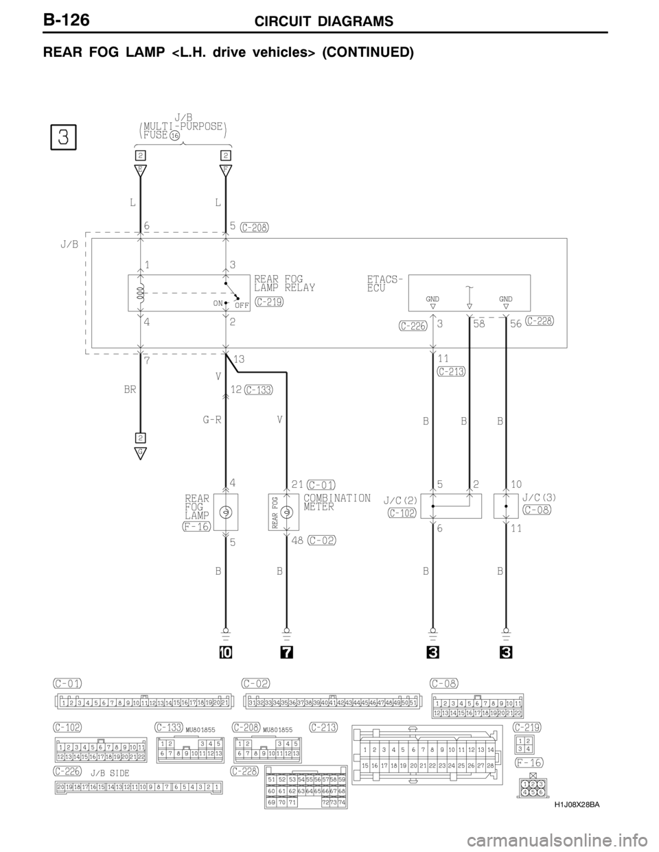 MITSUBISHI LANCER EVOLUTION 2007  Service Repair Manual CIRCUIT DIAGRAMS
H1J08X28BA
B-126
REAR FOG LAMP <L.H. drive vehicles> (CONTINUED) 