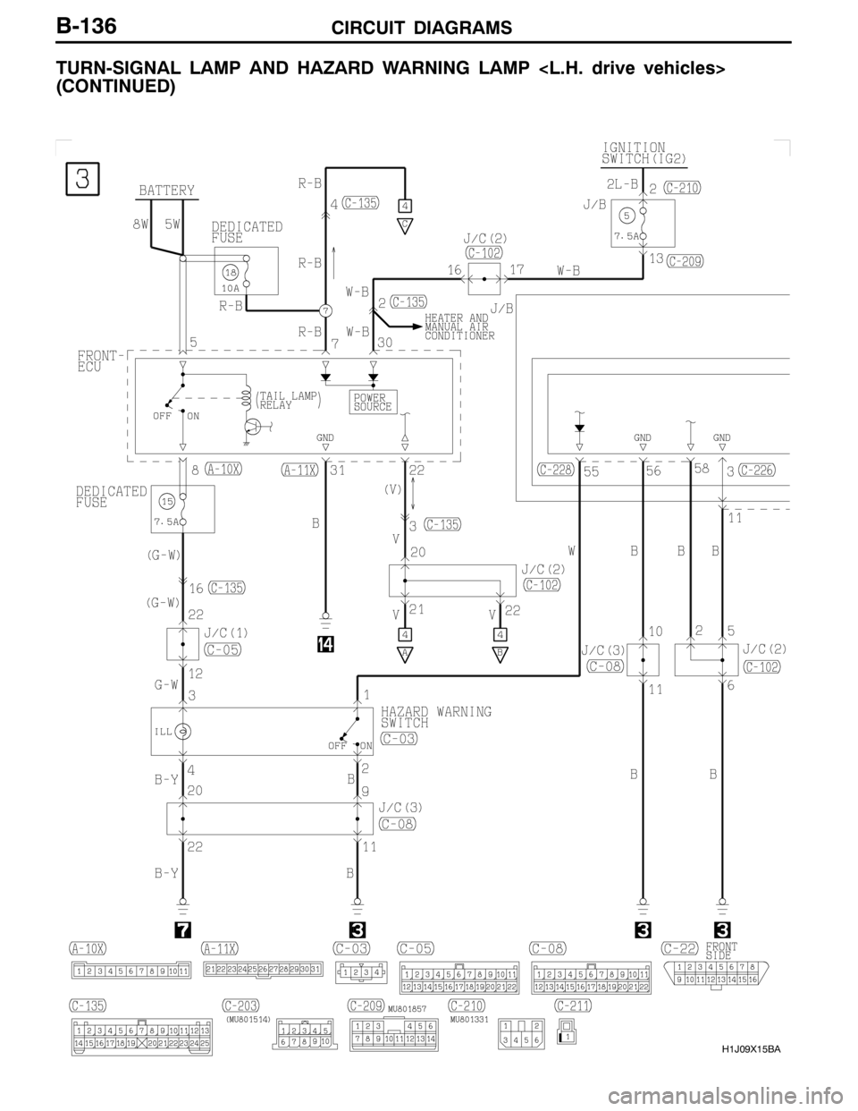 MITSUBISHI LANCER EVOLUTION 2007 Service Repair Manual CIRCUIT DIAGRAMS
H1J09X15BA
B-136
TURN-SIGNAL LAMP AND HAZARD WARNING LAMP <L.H. drive vehicles>
(CONTINUED) MITSUBISHI LANCER EVOLUTION 2007 Service Repair Manual CIRCUIT DIAGRAMS
H1J09X15BA
B-136
TURN-SIGNAL LAMP AND HAZARD WARNING LAMP <L.H. drive vehicles>
(CONTINUED)