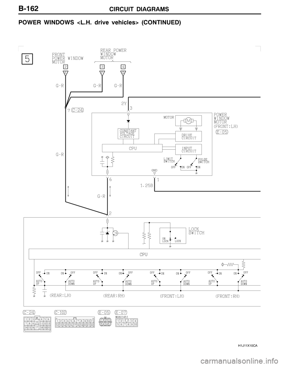MITSUBISHI LANCER EVOLUTION 2007 Service Repair Manual CIRCUIT DIAGRAMS
H1J11X10CA
B-162
POWER WINDOWS <L.H. drive vehicles> (CONTINUED) MITSUBISHI LANCER EVOLUTION 2007 Service Repair Manual CIRCUIT DIAGRAMS
H1J11X10CA
B-162
POWER WINDOWS <L.H. drive vehicles> (CONTINUED)