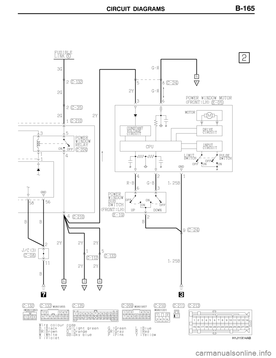 MITSUBISHI LANCER EVOLUTION 2007 Service Repair Manual CIRCUIT DIAGRAMS
H1J11X14AB
B-165 MITSUBISHI LANCER EVOLUTION 2007 Service Repair Manual CIRCUIT DIAGRAMS
H1J11X14AB
B-165