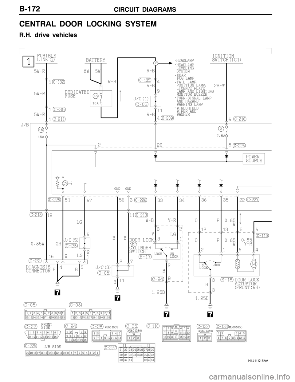 MITSUBISHI LANCER EVOLUTION 2007 Service Repair Manual CIRCUIT DIAGRAMS
H1J11X15AA
B-172
CENTRAL DOOR LOCKING SYSTEM
R.H. drive vehicles MITSUBISHI LANCER EVOLUTION 2007 Service Repair Manual CIRCUIT DIAGRAMS
H1J11X15AA
B-172
CENTRAL DOOR LOCKING SYSTEM
R.H. drive vehicles