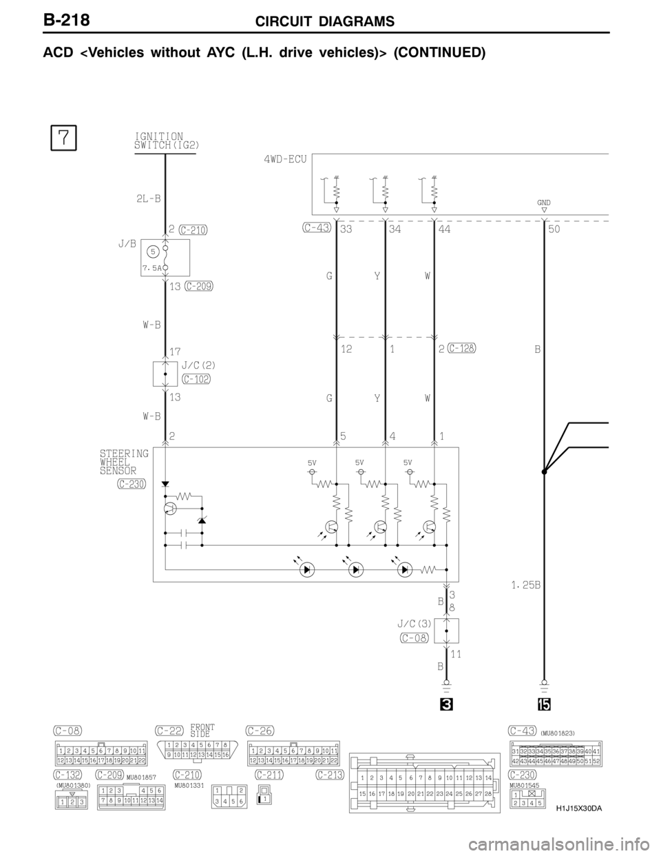 MITSUBISHI LANCER EVOLUTION 2007 Service Repair Manual CIRCUIT DIAGRAMS
H1J15X30DA
B-218
ACD <Vehicles without AYC (L.H. drive vehicles)> (CONTINUED) MITSUBISHI LANCER EVOLUTION 2007 Service Repair Manual CIRCUIT DIAGRAMS
H1J15X30DA
B-218
ACD <Vehicles without AYC (L.H. drive vehicles)> (CONTINUED)