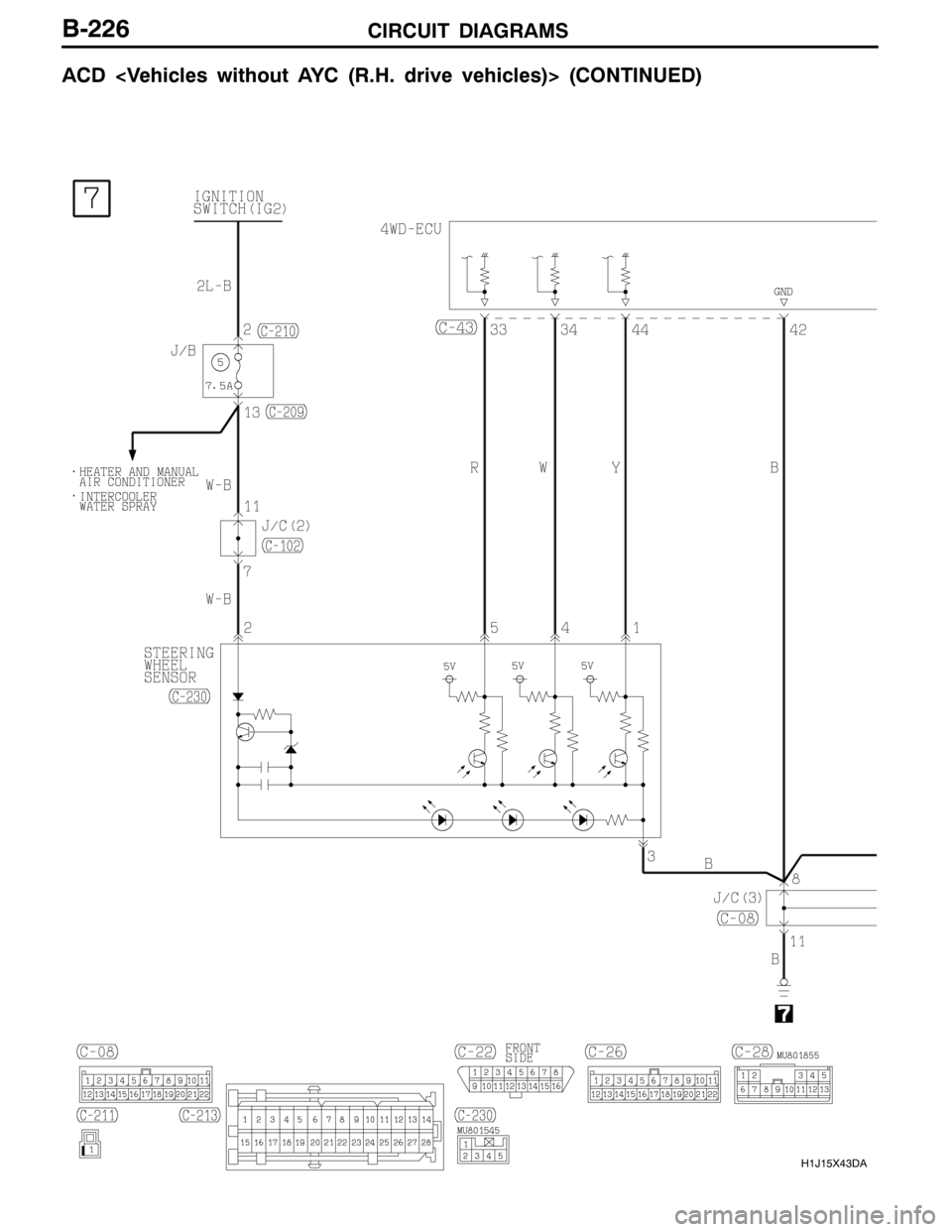 MITSUBISHI LANCER EVOLUTION 2007 Service Repair Manual CIRCUIT DIAGRAMS
H1J15X43DA
B-226
ACD <Vehicles without AYC (R.H. drive vehicles)> (CONTINUED) MITSUBISHI LANCER EVOLUTION 2007 Service Repair Manual CIRCUIT DIAGRAMS
H1J15X43DA
B-226
ACD <Vehicles without AYC (R.H. drive vehicles)> (CONTINUED)