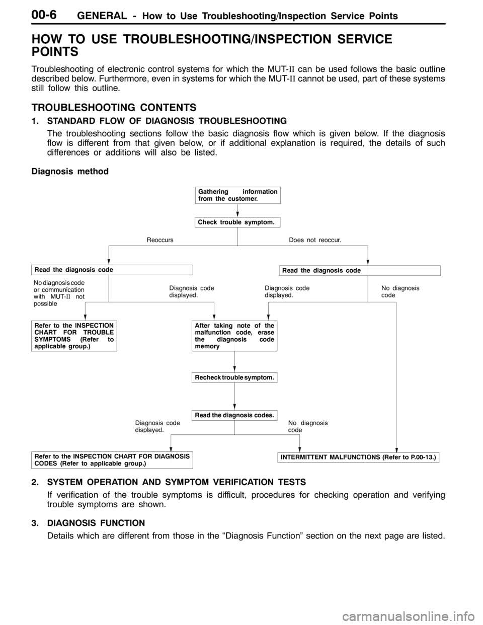 MITSUBISHI LANCER EVOLUTION 2007  Service Repair Manual GENERAL -How to Use Troubleshooting/Inspection Service Points00-6
HOW TO USE TROUBLESHOOTING/INSPECTION SERVICE
POINTS
Troubleshooting of electronic control systems for which the MUT-IIcan be used fol