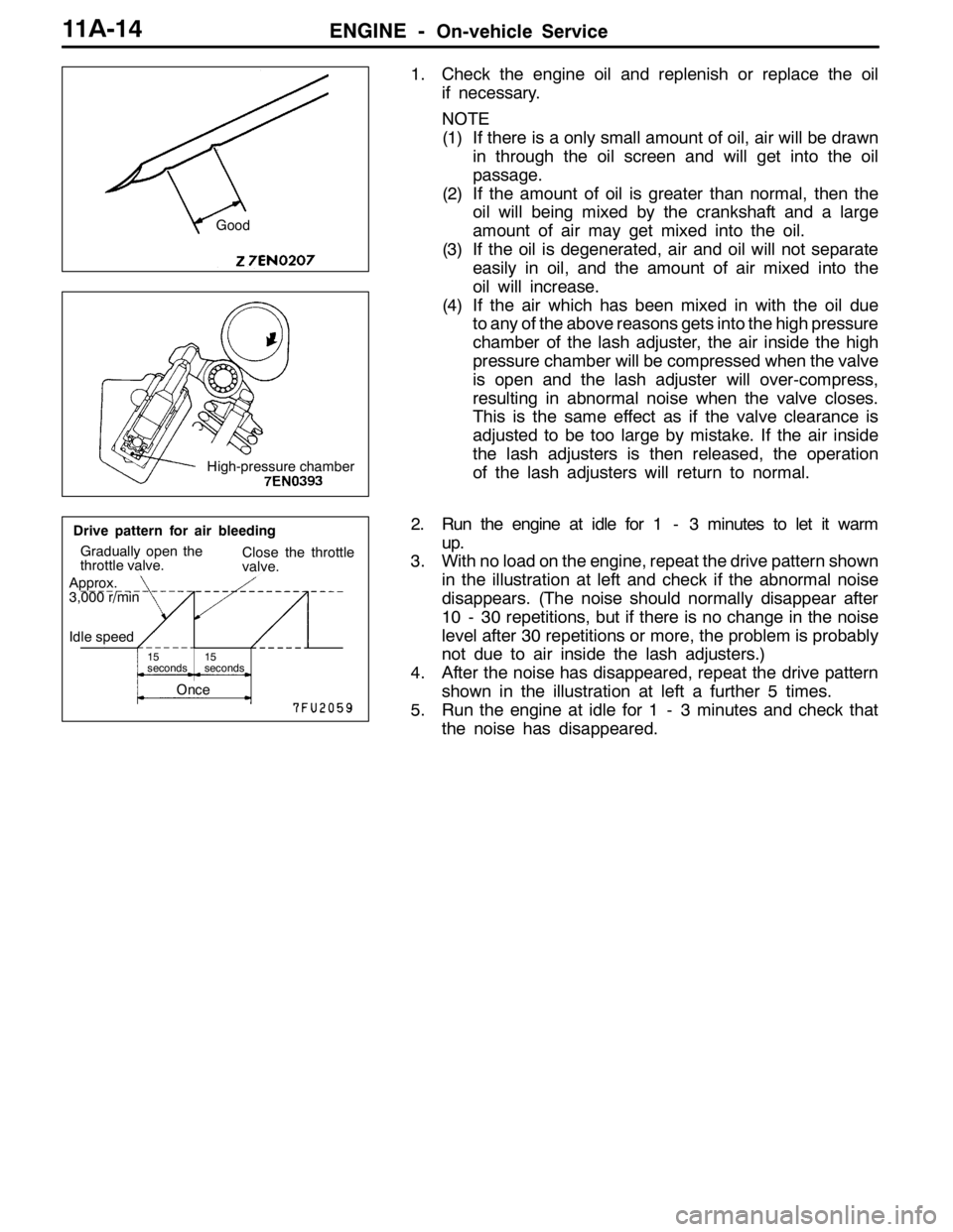 MITSUBISHI LANCER EVOLUTION 2007  Service Repair Manual ENGINE -On-vehicle Service11A-14
1. Check the engine oil and replenish or replace the oil
if necessary.
NOTE
(1) If there is a only small amount of oil, air will be drawn
in through the oil screen and