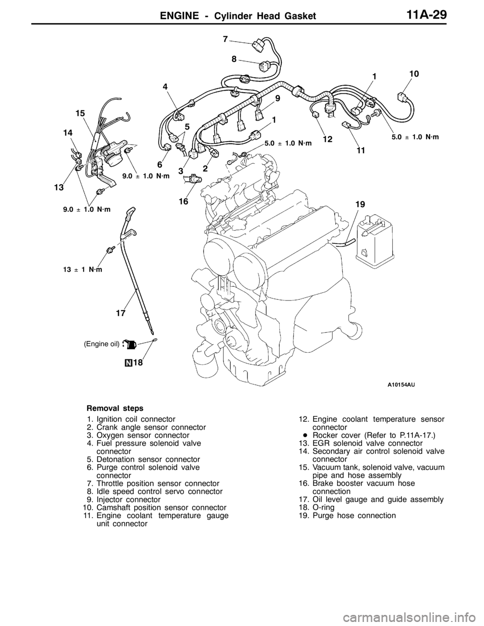 MITSUBISHI LANCER EVOLUTION 2007  Service Repair Manual ENGINE -Cylinder Head Gasket11A-29
5.0±1.0 N·m
61
2
3 4
57
8
910
11 12
1314
13±1 N·m
15
16
17
5.0±1.0 N·m
1819
9.0±1.0 N·m
9.0±1.0 N·m
(Engine oil)
1
Removal steps
1. Ignition coil connector