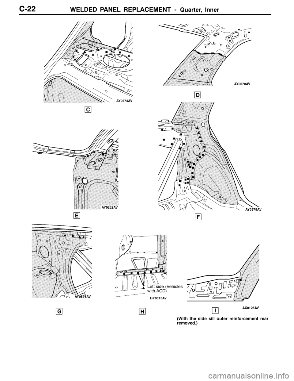 MITSUBISHI LANCER EVOLUTION 2007  Service Manual PDF WELDED PANEL REPLACEMENT -Quarter, InnerC-22
C
E
D
F
GHI
Left side (Vehicles
with ACD)
(With the side sill outer reinforcement rear
removed.) 