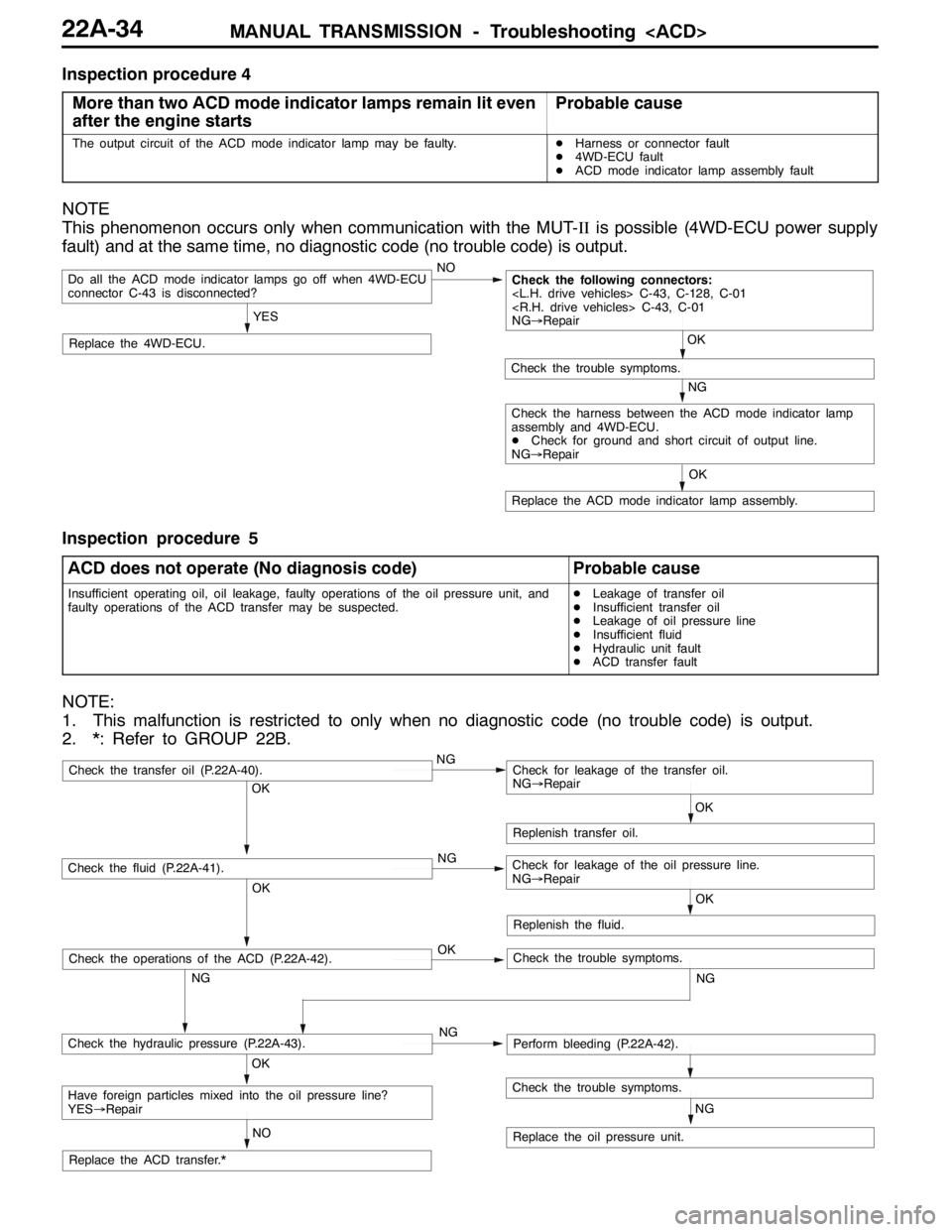 MITSUBISHI LANCER EVOLUTION 2007 Service Repair Manual MANUAL TRANSMISSION - Troubleshooting <ACD>22A-34
Inspection procedure 4
More than two ACD mode indicator lamps remain lit even
after the engine starts
Probable cause
The output circuit of the ACD mod MITSUBISHI LANCER EVOLUTION 2007 Service Repair Manual MANUAL TRANSMISSION - Troubleshooting <ACD>22A-34
Inspection procedure 4
More than two ACD mode indicator lamps remain lit even
after the engine starts
Probable cause
The output circuit of the ACD mod