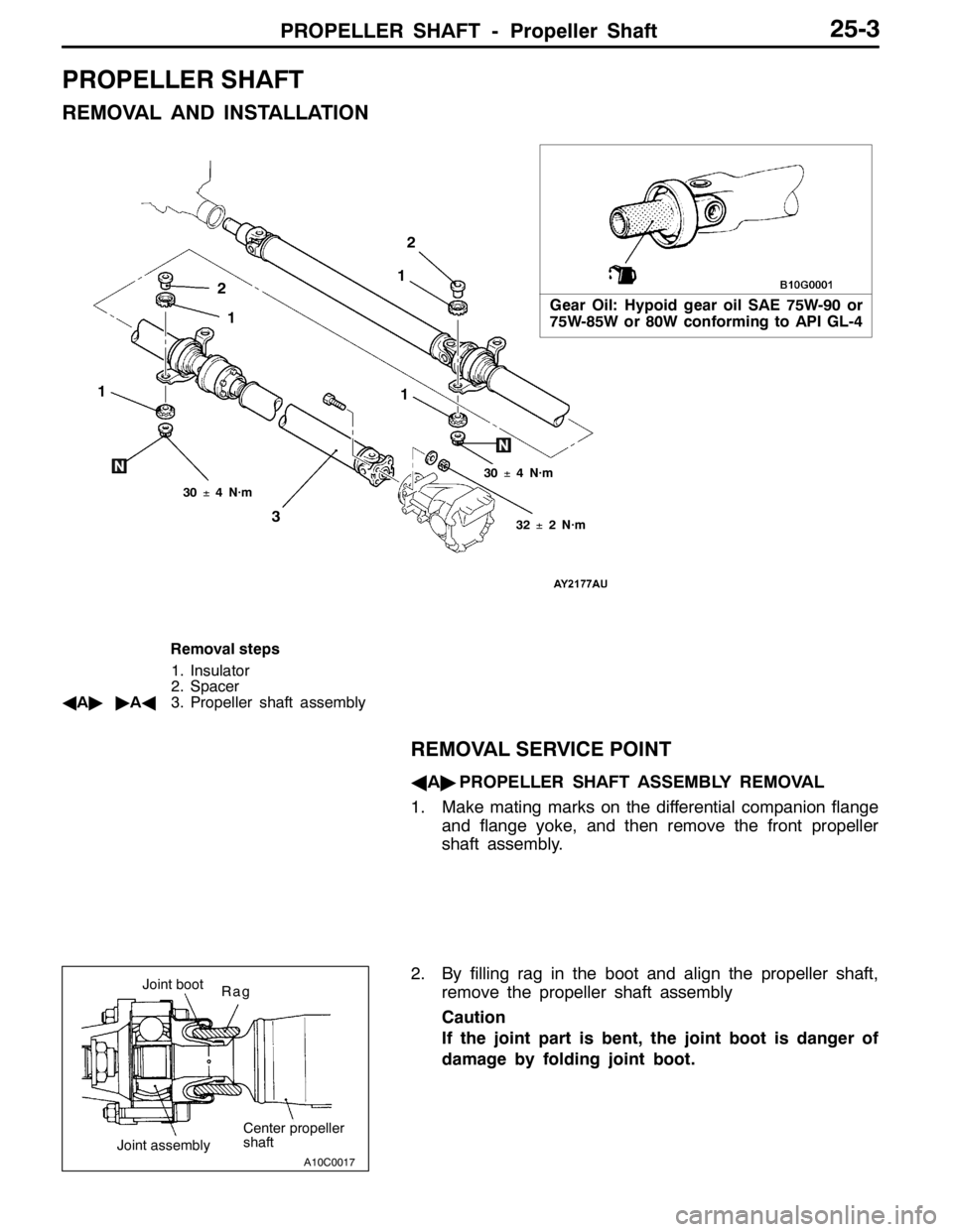 MITSUBISHI LANCER EVOLUTION 2007  Service Repair Manual PROPELLER SHAFT - Propeller Shaft25-3
PROPELLER SHAFT
REMOVAL AND INSTALLATION
Gear Oil: Hypoid gear oil SAE 75W-90 or
75W-85W or 80W conforming to API GL-41
3 22
1
1 1
30±4 N·m
32±2 N·m 30±4 N·