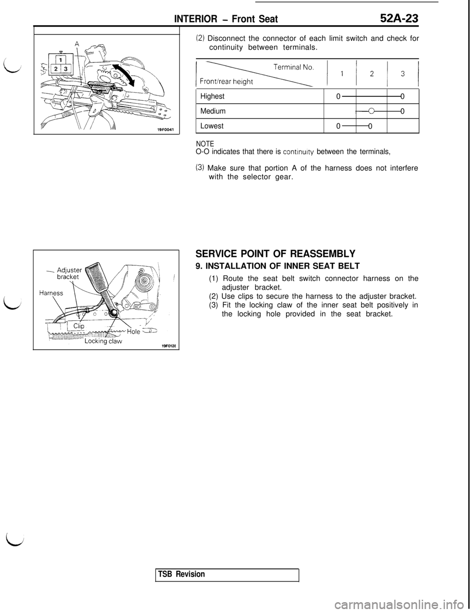 MITSUBISHI 3000GT 1991 Service Manual INTERIOR - Front Seat52A-23
(2) Disconnect the connector of each limit switch and check for
continuity between terminals.
lFr= ) I / * / 3 j
Highest00
Medium0
Lowest0
0
NOTEO-O indicates that there is MITSUBISHI 3000GT 1991 Service Manual INTERIOR - Front Seat52A-23
(2) Disconnect the connector of each limit switch and check for
continuity between terminals.
lFr= ) I / * / 3 j
Highest00
Medium0
Lowest0
0
NOTEO-O indicates that there is
