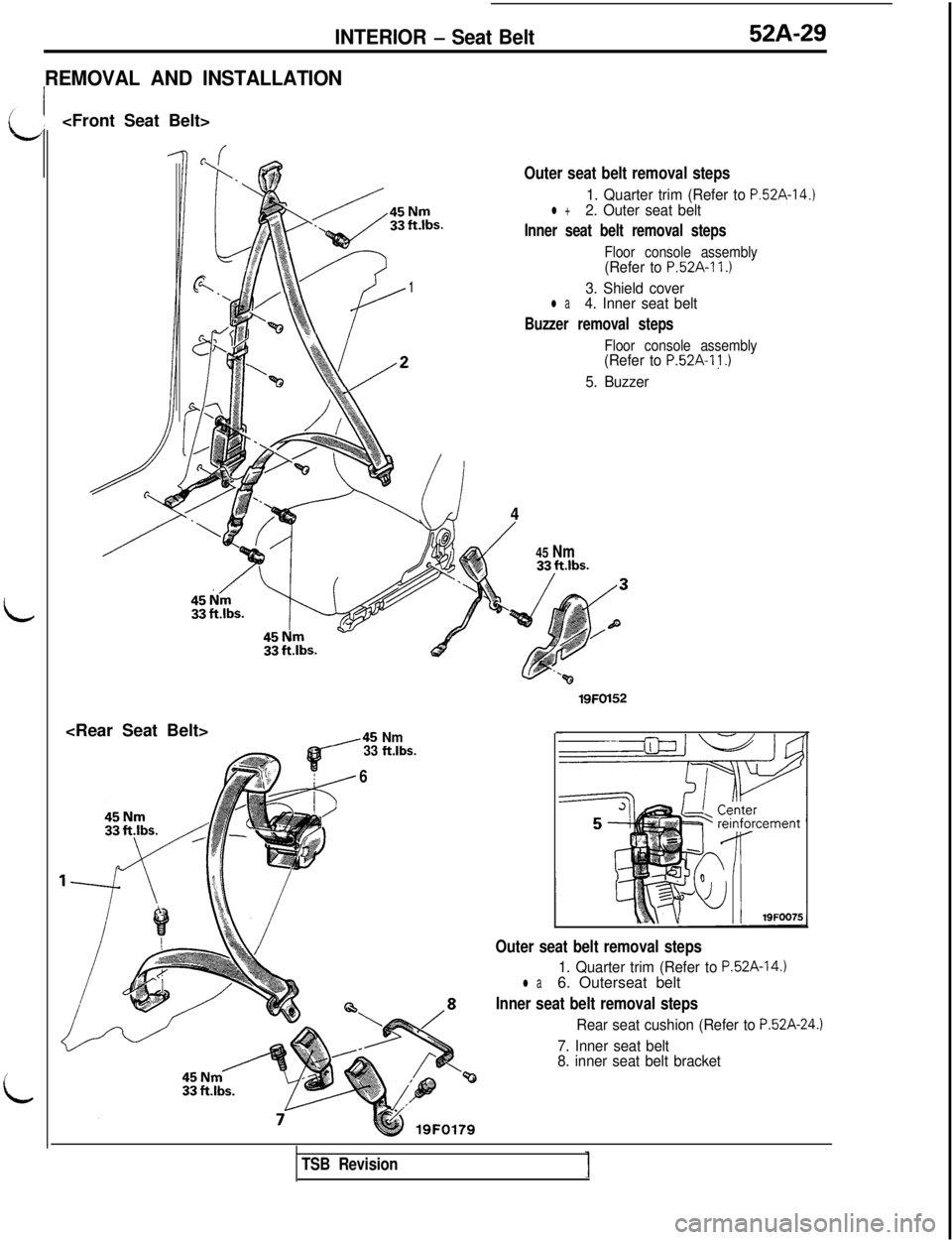 MITSUBISHI 3000GT 1991 Service Manual INTERIOR - Seat Belt52A-29
REMOVAL AND INSTALLATION<Front Seat Belt>
---nOuter seat belt removal steps
7 -$g%,* ‘9‘A. .‘j,,,
,y4
PII \,:0,+i.1$_ a1
y’
r‘J w
\7
\,%/
%
D
$!& ,2
4,.$#.,<Rear S MITSUBISHI 3000GT 1991 Service Manual INTERIOR - Seat Belt52A-29
REMOVAL AND INSTALLATION<Front Seat Belt>
---nOuter seat belt removal steps
7 -$g%,* ‘9‘A. .‘j,,,
,y4
PII \,:0,+i.1$_ a1
y’
r‘J w
\7
\,%/
%
D
$!& ,2
4,.$#.,<Rear S