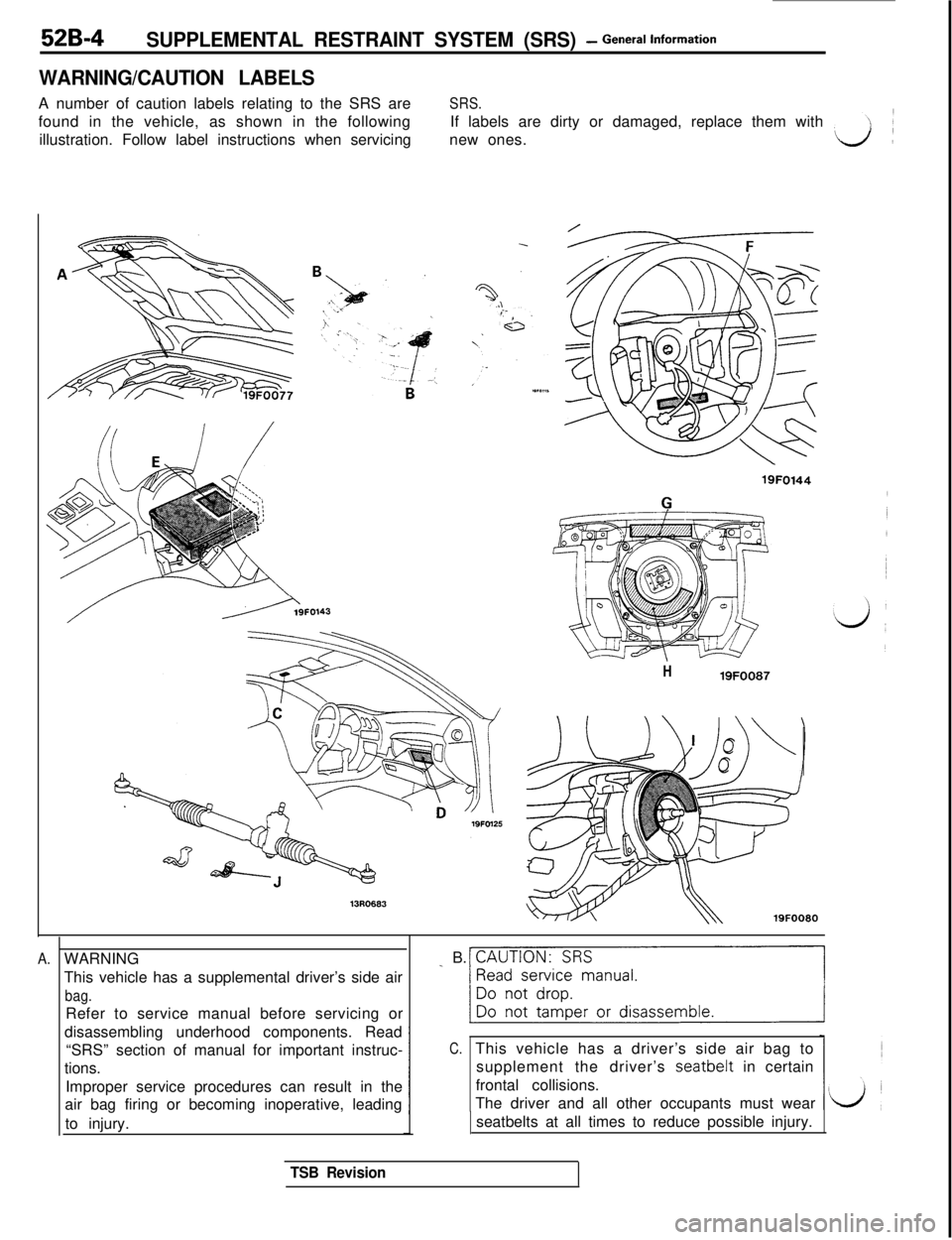 MITSUBISHI 3000GT 1991 Service Manual 52B-4SUPPLEMENTAL RESTRAINT SYSTEM (SRS) - General lnform=*ion
WARNING/CAUTION LABELSA number of caution labels relating to the SRS are
SRS.found in the vehicle, as shown in the followingIf labels are MITSUBISHI 3000GT 1991 Service Manual 52B-4SUPPLEMENTAL RESTRAINT SYSTEM (SRS) - General lnform=*ion
WARNING/CAUTION LABELSA number of caution labels relating to the SRS are
SRS.found in the vehicle, as shown in the followingIf labels are
