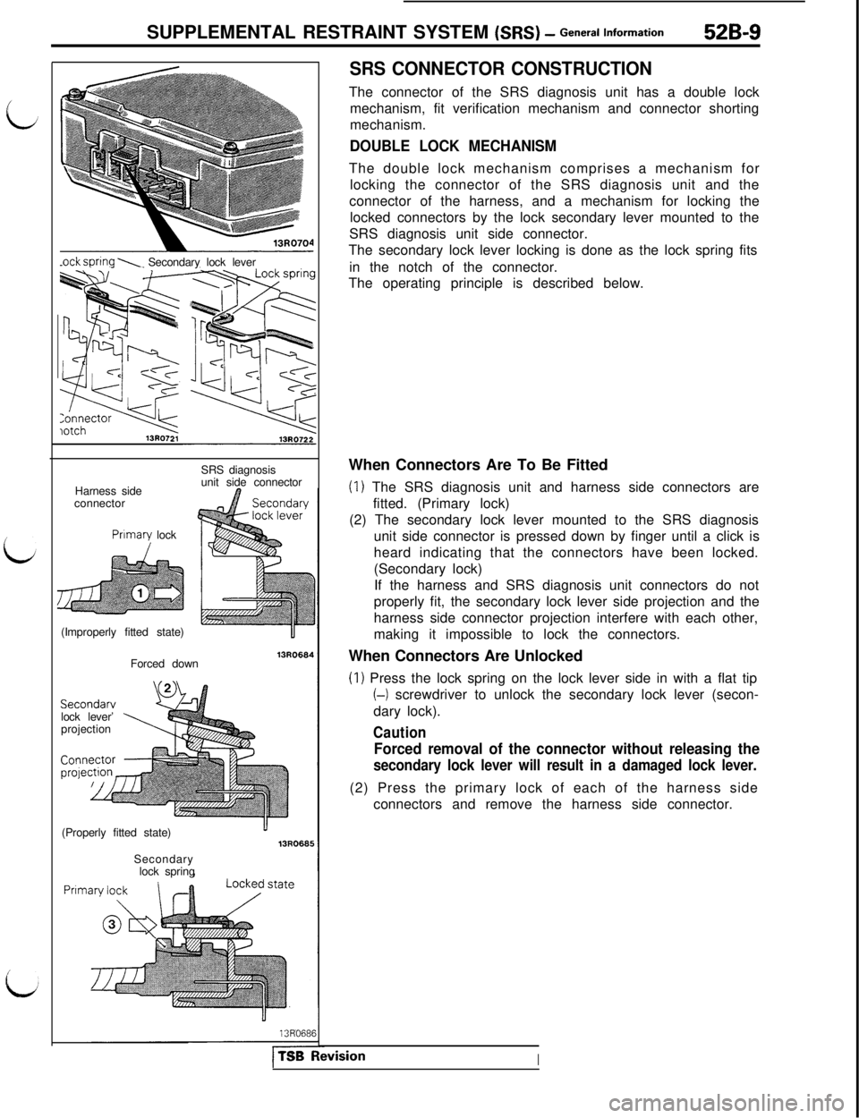 MITSUBISHI 3000GT 1991 Service Manual SUPPLEMENTAL RESTRAINT SYSTEM (SRS) - General Information52B-9.ock sprinq
\ Secondary lock lever
13R0721Harness side
connectorPrimary lock
/(Improperly fitted state)SRS diagnosis
unit side connector
MITSUBISHI 3000GT 1991 Service Manual SUPPLEMENTAL RESTRAINT SYSTEM (SRS) - General Information52B-9.ock sprinq
\ Secondary lock lever
13R0721Harness side
connectorPrimary lock
/(Improperly fitted state)SRS diagnosis
unit side connector