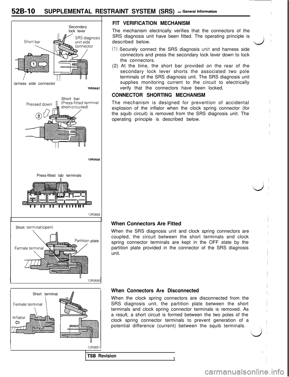 MITSUBISHI 3000GT 1991 Service Manual 52B-10SUPPLEMENTAL RESTRAINT SYSTEM (SRS) - General InformationI
FIT VERIFICATION MECHANISMSecondary
lock leverThe mechanism electrically verifies that the connectors of the
SRS diagnosis unit have be MITSUBISHI 3000GT 1991 Service Manual 52B-10SUPPLEMENTAL RESTRAINT SYSTEM (SRS) - General InformationI
FIT VERIFICATION MECHANISMSecondary
lock leverThe mechanism electrically verifies that the connectors of the
SRS diagnosis unit have be