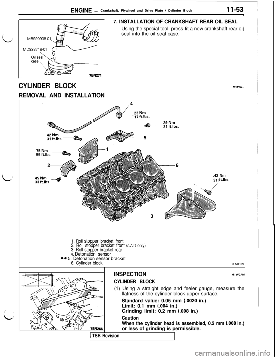 MITSUBISHI 3000GT 1991  Service Manual ENGINE -Crankshaft, Flywheel and Drive Plate / Cylinder Block11-53
MB990938-01
CYLINDER BLOCK
REMOVAL AND INSTALLATION7. INSTALLATION OF CRANKSHAFT REAR OIL SEAL
Using the special tool, press-fit a ne