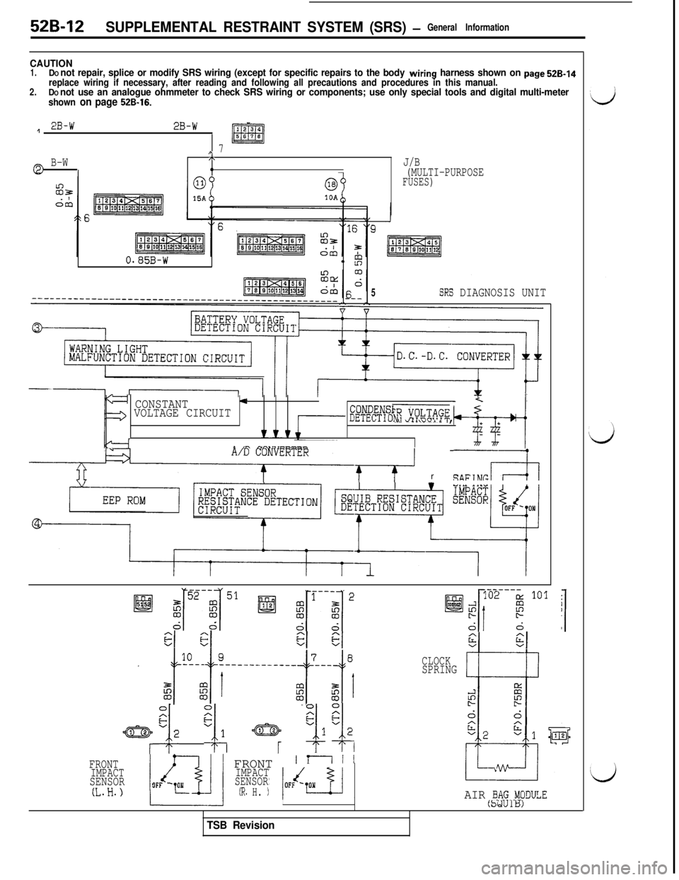 MITSUBISHI 3000GT 1991 Service Manual 52B-12SUPPLEMENTAL RESTRAINT SYSTEM (SRS) -General Information
CAUTION1.DO not repair, splice or modify SRS wiring (except for specific repairs to the body wiring harness shown on page QB-14
2.replace MITSUBISHI 3000GT 1991 Service Manual 52B-12SUPPLEMENTAL RESTRAINT SYSTEM (SRS) -General Information
CAUTION1.DO not repair, splice or modify SRS wiring (except for specific repairs to the body wiring harness shown on page QB-14
2.replace