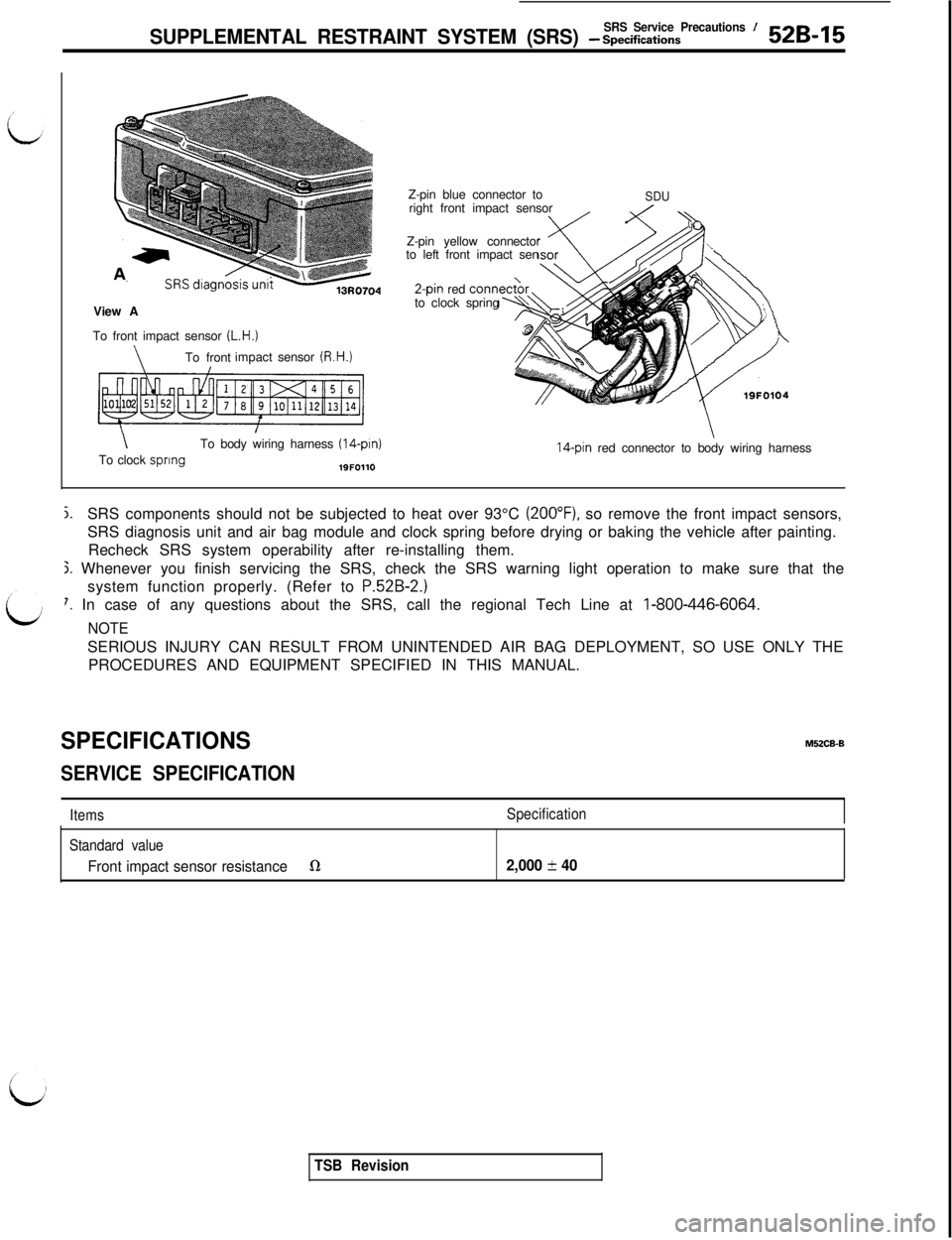 MITSUBISHI 3000GT 1991 Service Manual SRS ServicePrecautions /SUPPLEMENTAL RESTRAINT SYSTEM (SRS) - Spectiications52B-15View A
To front impact sensor
(L.H.)
\To frontimpactsensor (R.H.)
\To body wiring harness (14-pin)To clock spring19FO MITSUBISHI 3000GT 1991 Service Manual SRS ServicePrecautions /SUPPLEMENTAL RESTRAINT SYSTEM (SRS) - Spectiications52B-15View A
To front impact sensor
(L.H.)
\To frontimpactsensor (R.H.)
\To body wiring harness (14-pin)To clock spring19FO