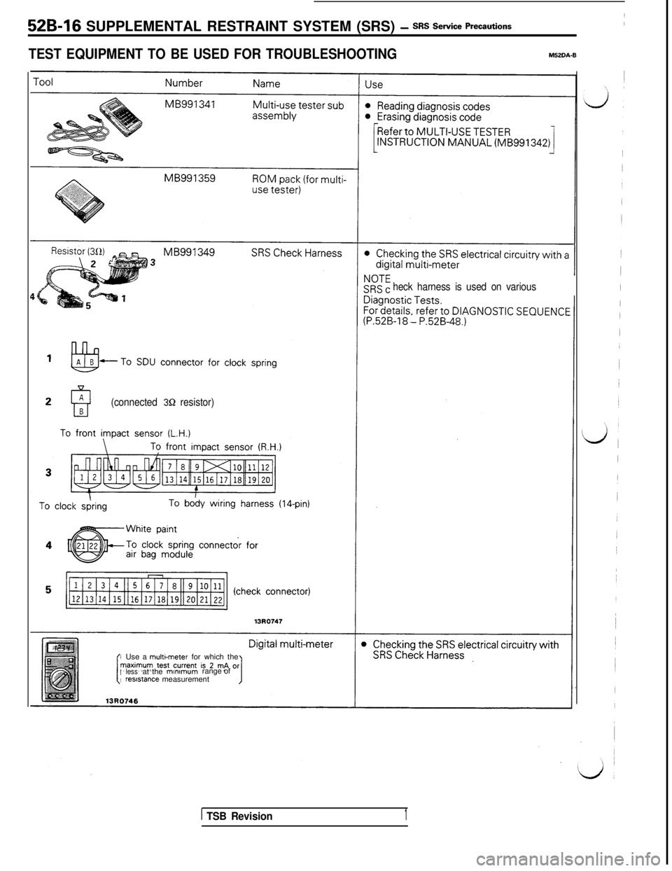 MITSUBISHI 3000GT 1991 Service Manual 52B-16 SUPPLEMENTAL RESTRAINT SYSTEM (SRS) - SRS Sewice Pre=utions
TEST EQUIPMENT TO BE USED FOR TROUBLESHOOTINGM52DA-0
heck harness is used on various
(connected
3R resistor)Use a multwneter for whi MITSUBISHI 3000GT 1991 Service Manual 52B-16 SUPPLEMENTAL RESTRAINT SYSTEM (SRS) - SRS Sewice Pre=utions
TEST EQUIPMENT TO BE USED FOR TROUBLESHOOTINGM52DA-0
heck harness is used on various
(connected
3R resistor)Use a multwneter for whi