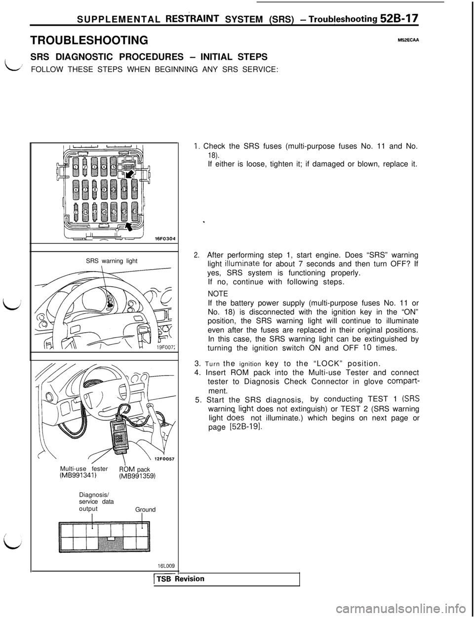 MITSUBISHI 3000GT 1991 Service Manual SUPPLEMENTAL RESfRAlNT SYSTEM (SRS) - Troub!eshooting 52B-17TROUBLESHOOTING
M52ECAA
idSRS DIAGNOSTIC PROCEDURES
- INITIAL STEPS’FOLLOW THESE STEPS WHEN BEGINNING ANY SRS SERVICE:
/II/ ,- -u’ 16FO MITSUBISHI 3000GT 1991 Service Manual SUPPLEMENTAL RESfRAlNT SYSTEM (SRS) - Troub!eshooting 52B-17TROUBLESHOOTING
M52ECAA
idSRS DIAGNOSTIC PROCEDURES
- INITIAL STEPS’FOLLOW THESE STEPS WHEN BEGINNING ANY SRS SERVICE:
/II/ ,- -u’ 16FO