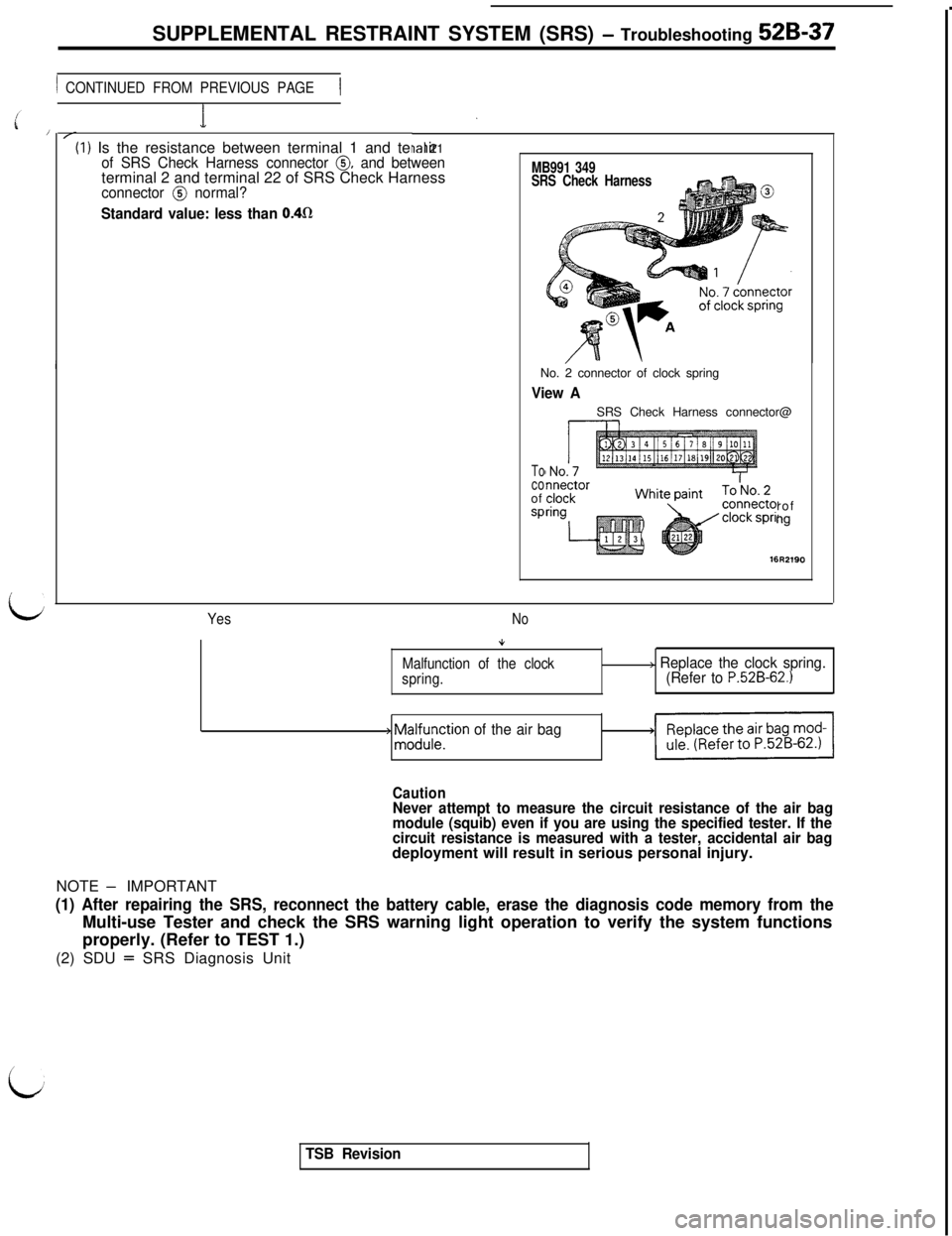 MITSUBISHI 3000GT 1991 Service Manual LSUPPLEMENTAL RESTRAINT SYSTEM (SRS)
- Troubleshooting 52B-37
1 CONTINUED FROM PREVIOUS PAGE1(I) Is the resistance between terminal 1 and termir
ial 21of SRS Check Harness connector 0, and betweenter MITSUBISHI 3000GT 1991 Service Manual LSUPPLEMENTAL RESTRAINT SYSTEM (SRS)
- Troubleshooting 52B-37
1 CONTINUED FROM PREVIOUS PAGE1(I) Is the resistance between terminal 1 and termir
ial 21of SRS Check Harness connector 0, and betweenter
