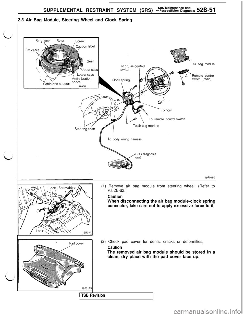 MITSUBISHI 3000GT 1991  Service Manual SRS Maintenance and
SUPPLEMENTAL RESTRAINT SYSTEM (SRS) - Post-coltision Diagnosis 52B-51
2-3 Air Bag Module, Steering Wheel and Clock Spring
Rtng gearRotor
Screw
3at ca
To remote controlswitchAir bag